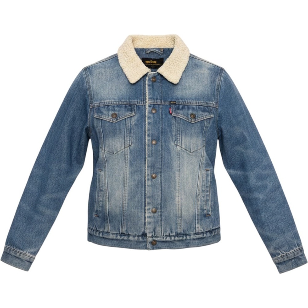 Lee Mens Sherpa Lined Denim Trucker Jacket Medium Wash Blue Jean Coat Size M